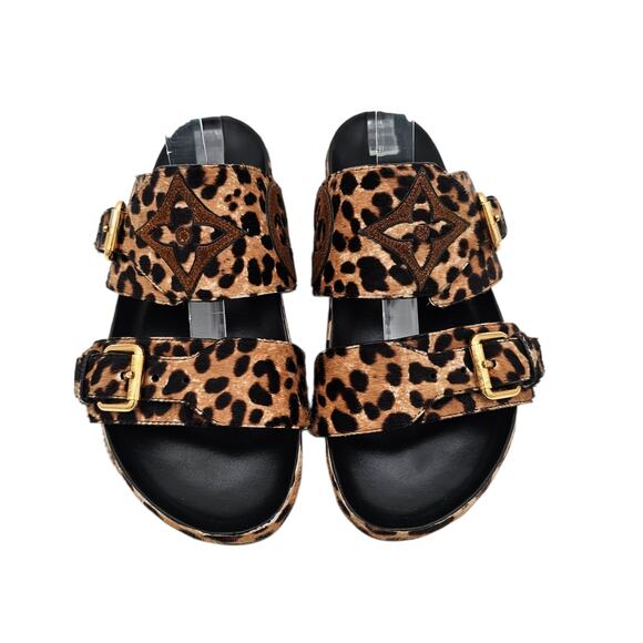 Louis Vuitton Bom Dia Flat Slide Sandal Monogram Leopard Gold Size 37 US 7 - Picture 4 of 15